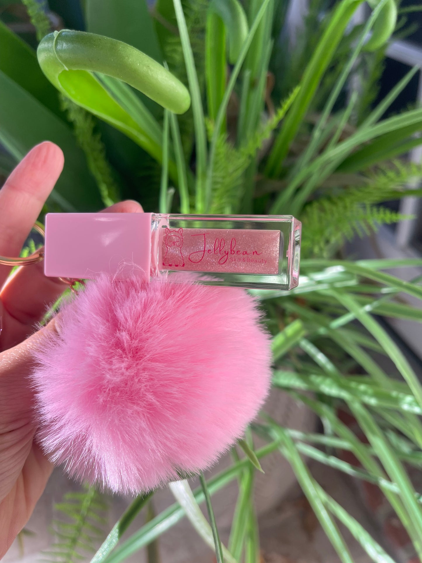 Jellybean Crystal Lip Gloss with Pompom Keychain Hydrating Glossy Finish