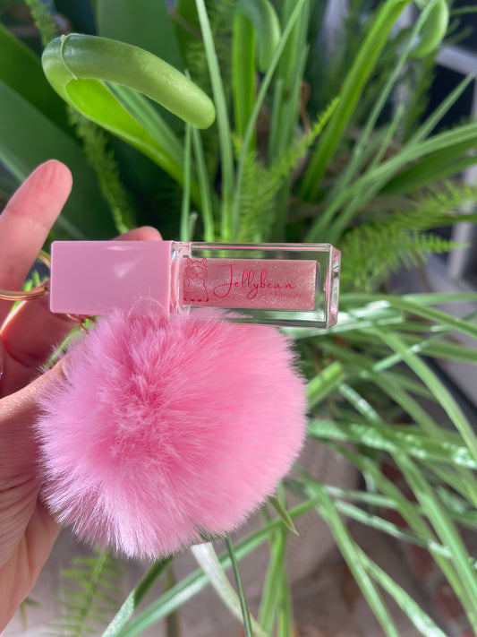 Jellybean Crystal Lip Gloss with Pompom Keychain Hydrating Glossy Finish