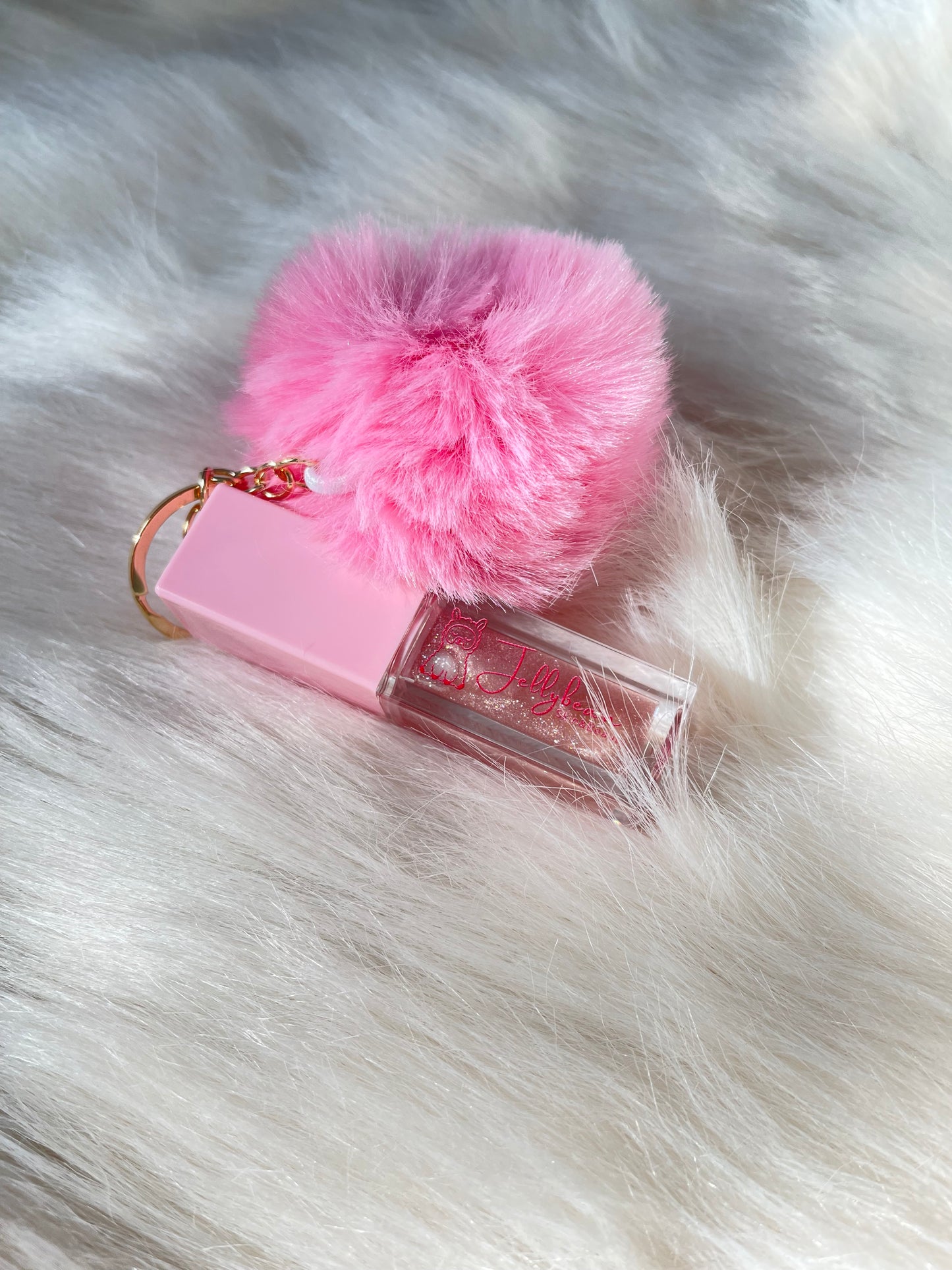 Jellybean Crystal Lip Gloss with Pompom Keychain Hydrating Glossy Finish