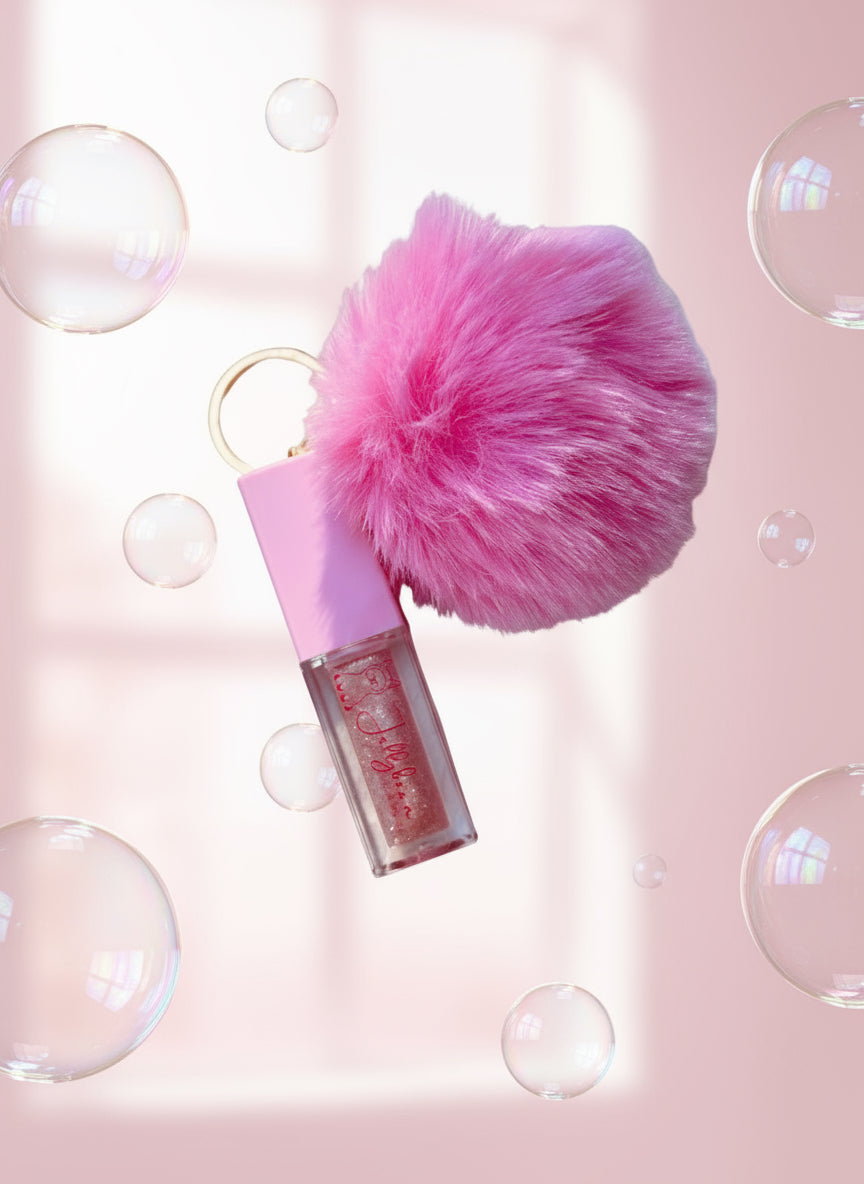 Jellybean Crystal Lip Gloss with Pompom Keychain Hydrating Glossy Finish