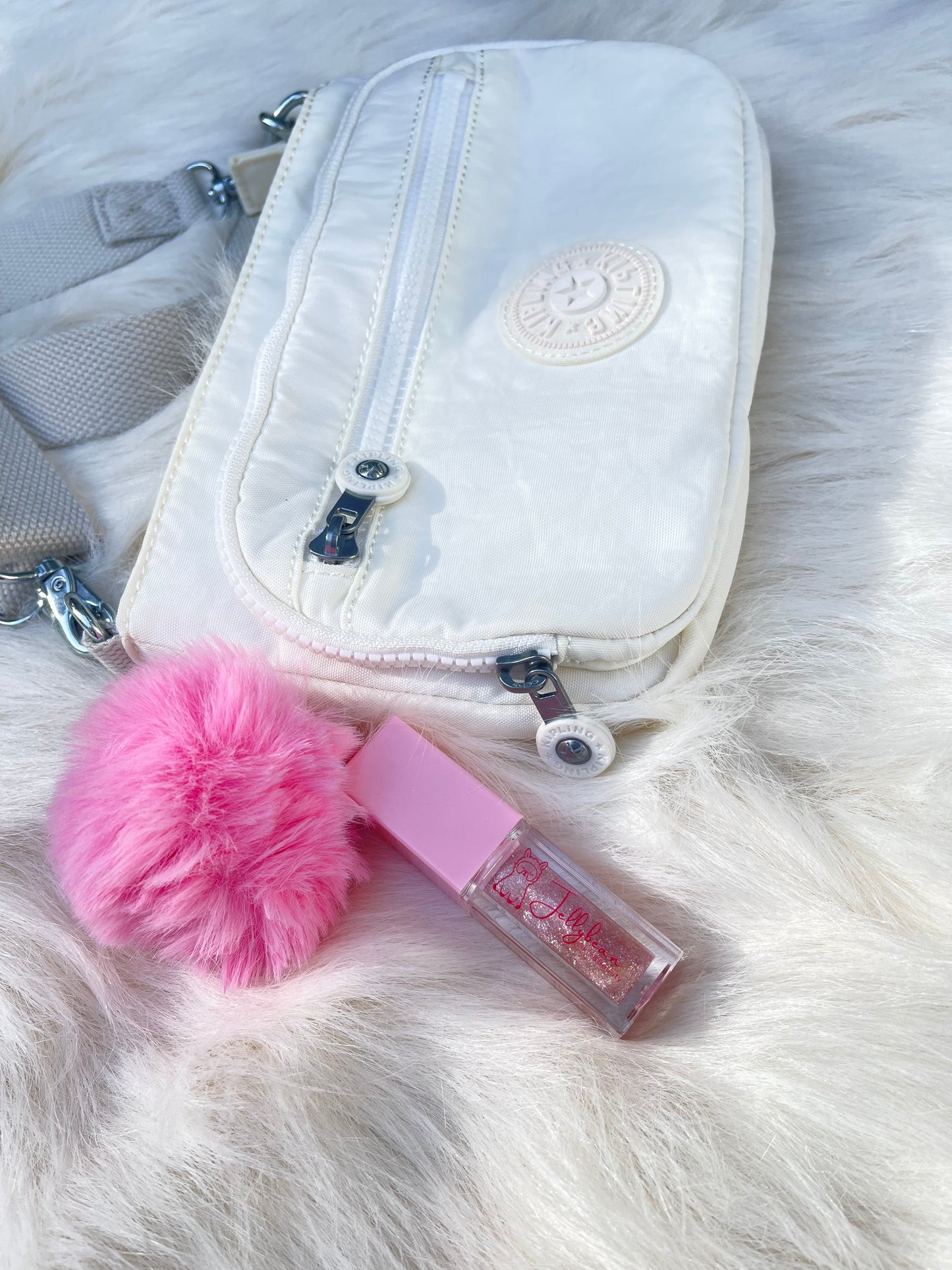 Jellybean Crystal Lip Gloss with Pompom Keychain Hydrating Glossy Finish